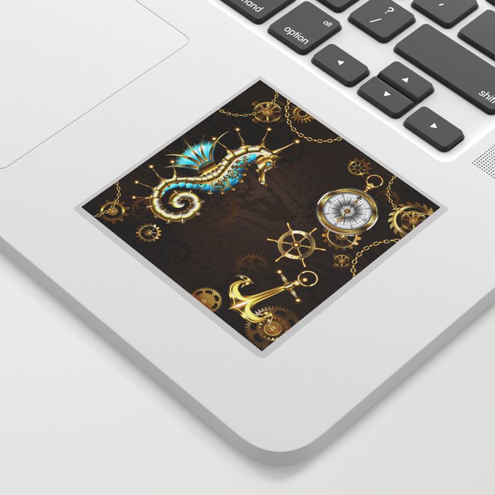 Wooden Background with Mechanical Seahorse ( Steampunk ) Sticker