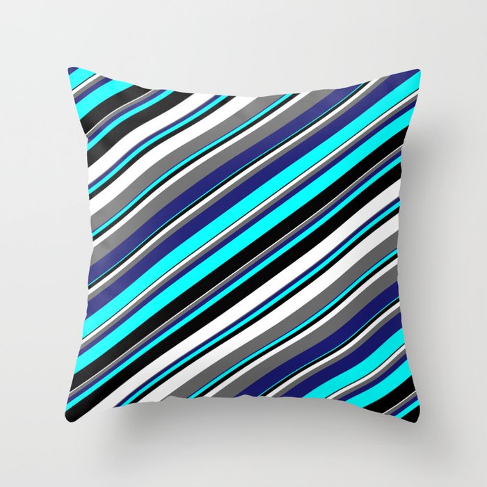 Aqua, Black, White, Dim Gray & Midnight Blue Colored Stripes/Lines Pattern Throw Pillow