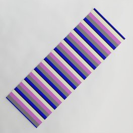 [ Thumbnail: Vibrant Black, Blue, Grey, Orchid, and Beige Colored Striped/Lined Pattern Yoga Mat ]