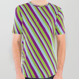 [ Thumbnail: Light Blue, Purple & Green Colored Pattern of Stripes All Over Graphic Tee ]