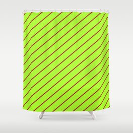 [ Thumbnail: Brown and Light Green Colored Lined/Striped Pattern Shower Curtain ]