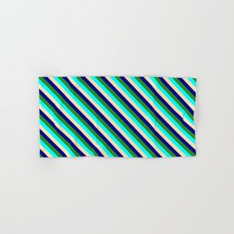 [ Thumbnail: Beige, Blue, Forest Green, and Cyan Colored Stripes/Lines Pattern Hand & Bath Towel ]