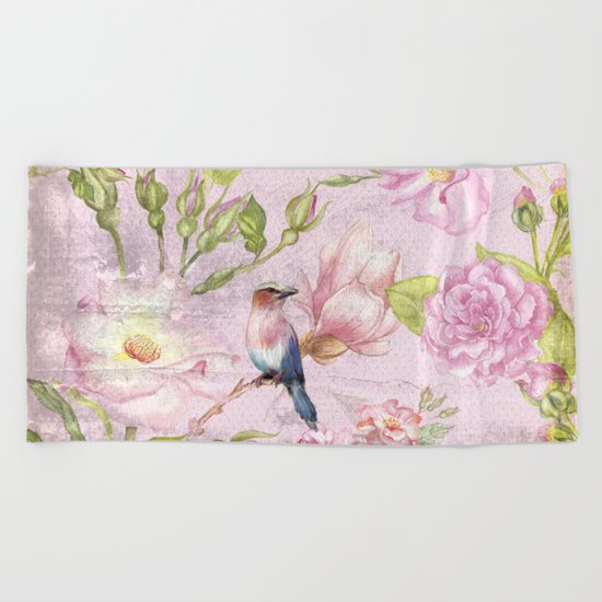 Floral painterly background in pink with Roses Flowers and Birds Beach Towel