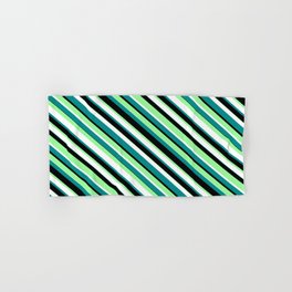 [ Thumbnail: Green, White, Dark Cyan & Black Colored Striped/Lined Pattern Hand & Bath Towel ]