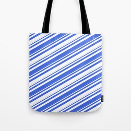 [ Thumbnail: Royal Blue and White Colored Stripes/Lines Pattern Tote Bag ]