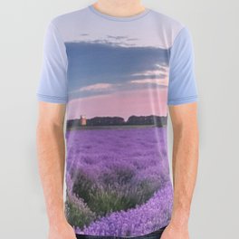 Sunset over fields of purple English lavender landscape color photograph / photography for kitchen, dining room, wall, and home decor All Over Graphic Tee