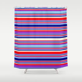 [ Thumbnail: Eye-catching Beige, Red, Dark Orchid, Sky Blue, and Dark Blue Colored Stripes/Lines Pattern Shower Curtain ]