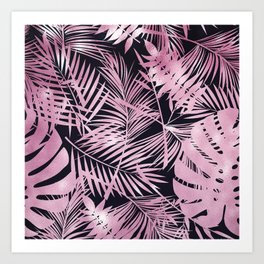 Pink Palm Leaves Graphic Designs On Black Suede Art Print