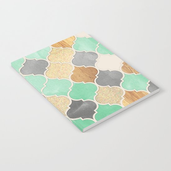 Charcoal, Mint, Wood & Gold Moroccan Pattern Notebook