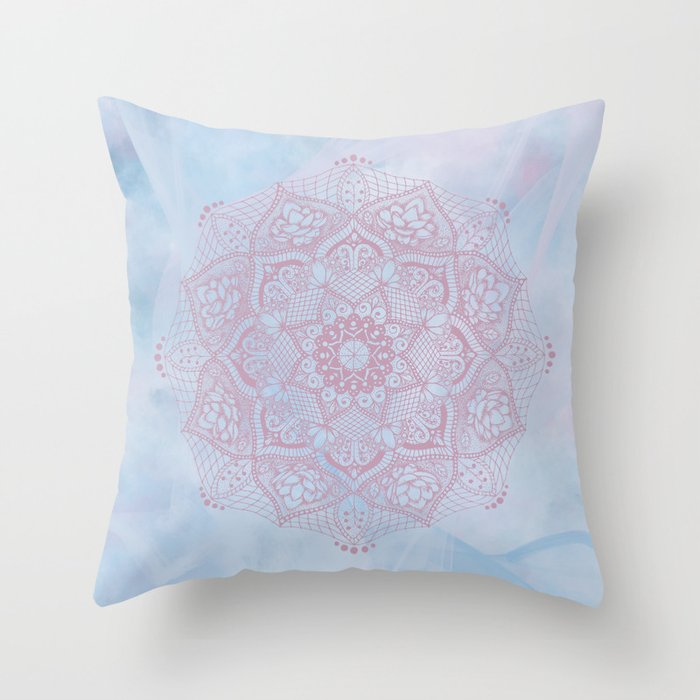 Pink Lotus Flower Mandala on Blue Fantasy Background Throw Pillow