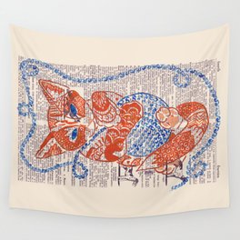 Mr. Fox  (Orange tabby cat with a blue ball of yarn on dictionary page) Wall Tapestry