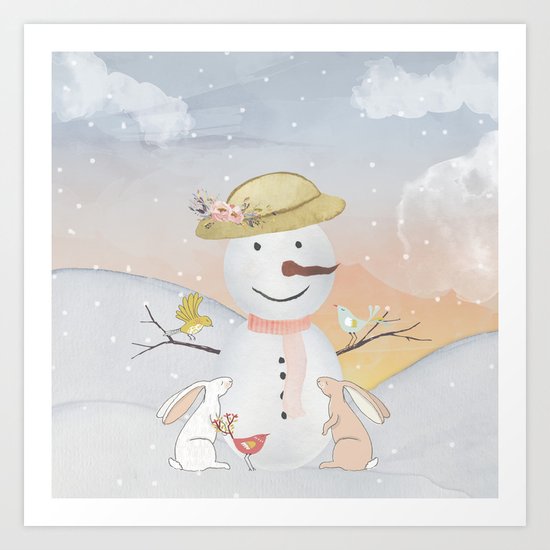 Winter Wonderland- Snowman birds and bunnies - Watercolor illustration Art Print