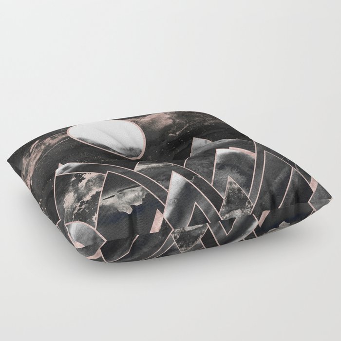 Mountains of Rose Gold - Moon Geometric Midnight Black Floor Pillow