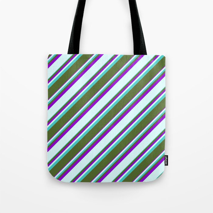 Turquoise, Dark Olive Green, Dark Violet & Light Cyan Colored Striped/Lined Pattern Tote Bag