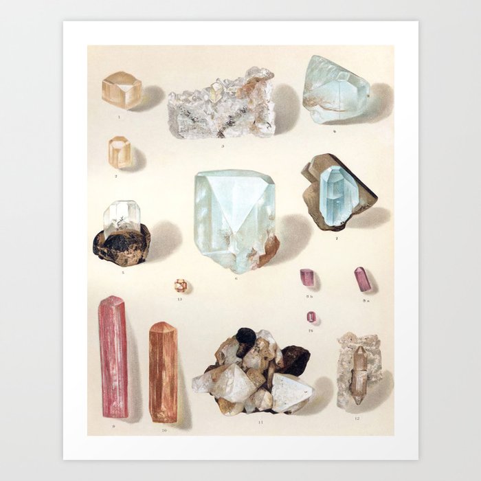 Minerals and Gems I Vintage Illustration  by Reinhard Brauns 1903 Colorful Pink Blue Indigo Crystals Art Print