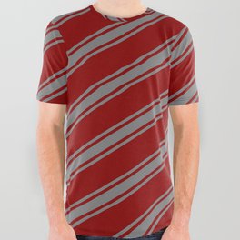 [ Thumbnail: Dark Red and Gray Colored Pattern of Stripes All Over Graphic Tee ]