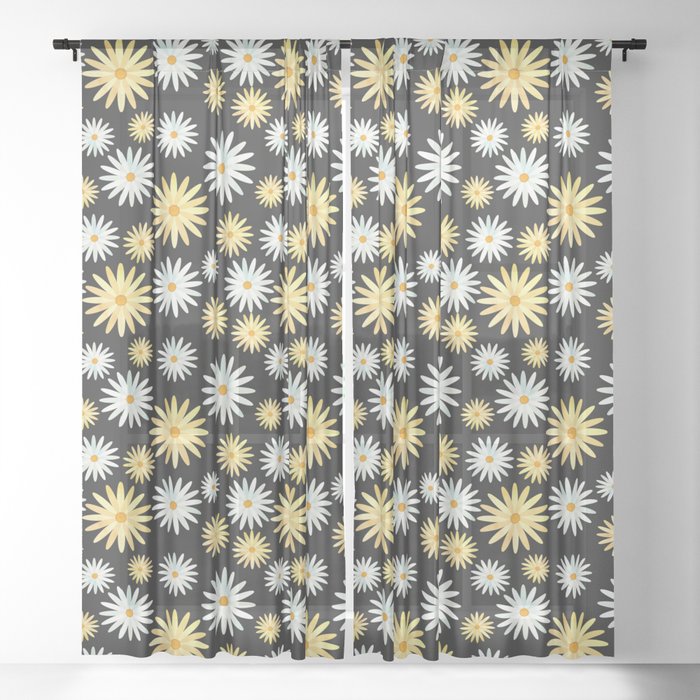 Watecolor Daisies Pattern | Black Sheer Curtain