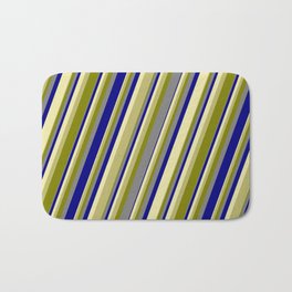 [ Thumbnail: Colorful Pale Goldenrod, Dark Khaki, Green, Grey & Blue Colored Lines/Stripes Pattern Bath Mat ]