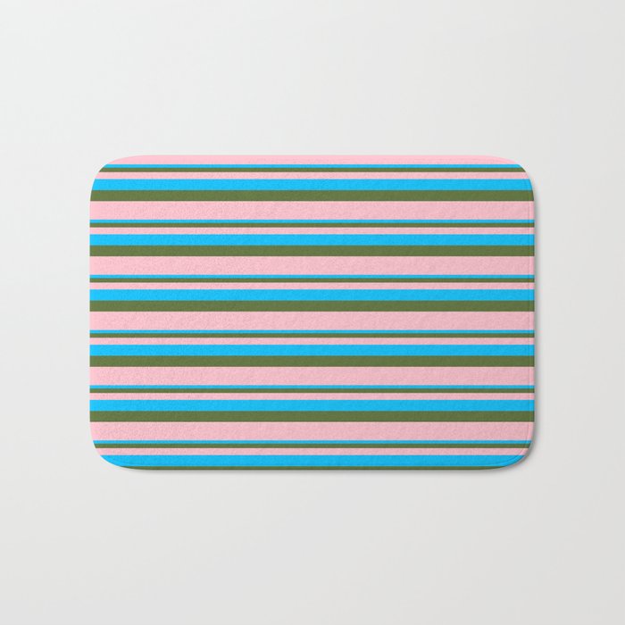 Deep Sky Blue, Dark Olive Green & Pink Colored Lined/Striped Pattern Bath Mat