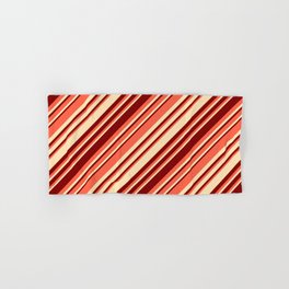 [ Thumbnail: Red, Beige, and Maroon Colored Striped/Lined Pattern Hand & Bath Towel ]