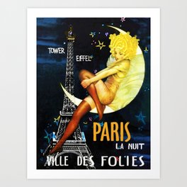 Vintage Paris La Nuit Ville Des Folies Eiffel Tower and Moon Advertising Poster Art Print