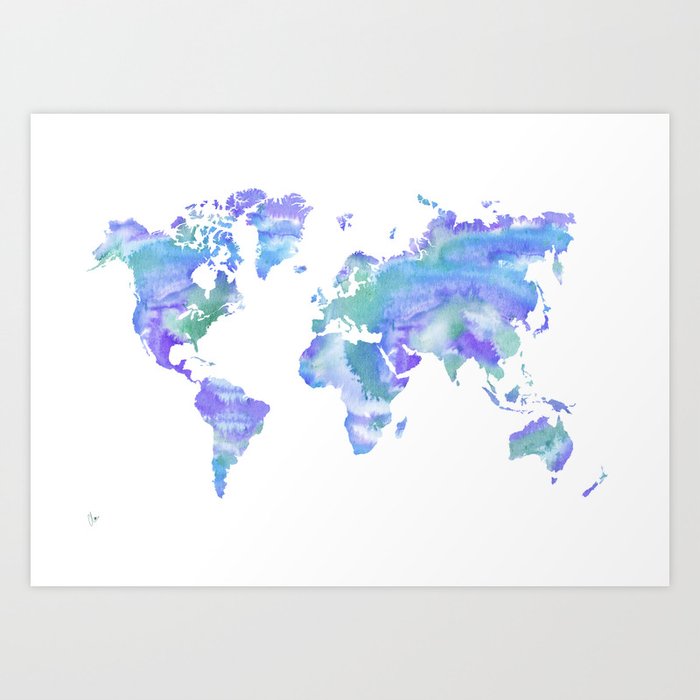 Watercolour World Map Blue Green Purple Art Print By