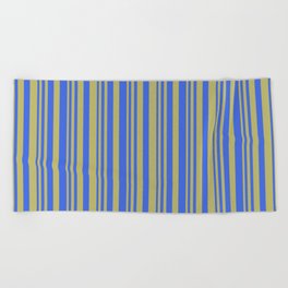 [ Thumbnail: Dark Khaki & Royal Blue Colored Striped Pattern Beach Towel ]