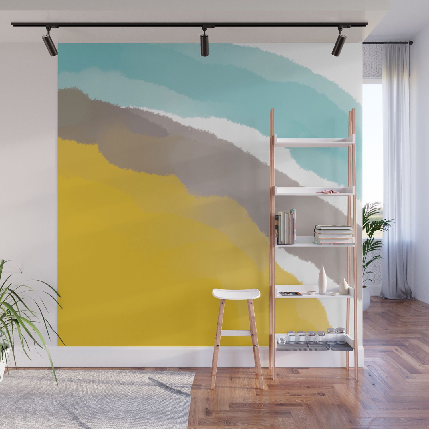 Watercolor Yellow Grey Blue Stripes Wall Mural By Twelvepastseven Society6 Yellow and white striped walls really liven and brighten up this bathroom! watercolor yellow grey blue stripes wall mural by twelvepastseven