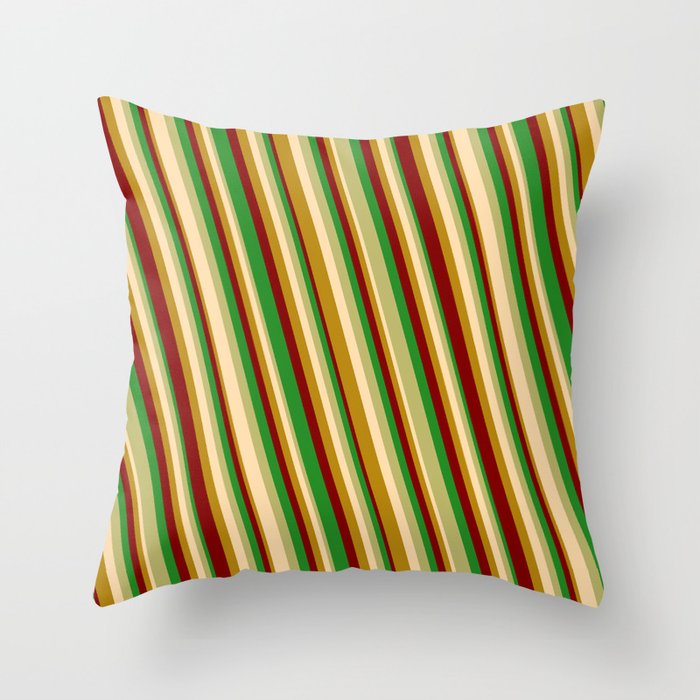 Eye-catching Forest Green, Dark Khaki, Tan, Dark Goldenrod & Maroon Colored Stripes Pattern Throw Pillow