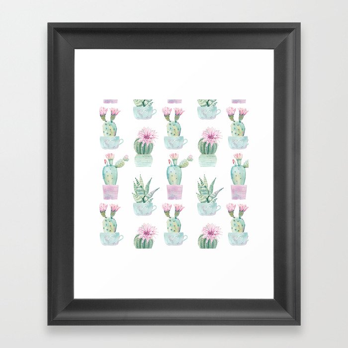 Simply Echeveria Cactus in Pastel Cactus Green and Pink Framed Art Print