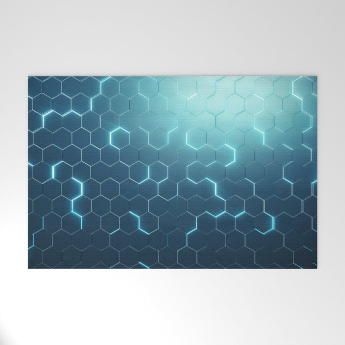 Abstract blue of futuristic surface hexagon pattern with light rays Welcome Mat