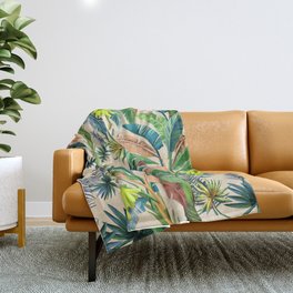 Palm Life, tropical palm leaves, Hollywood Regency, green, orange Throw Blanket