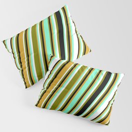 [ Thumbnail: Aquamarine, White, Green, Black, and Goldenrod Colored Pattern of Stripes Pillow Sham ]
