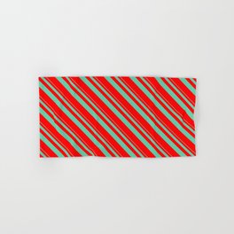 [ Thumbnail: Aquamarine & Red Colored Striped/Lined Pattern Hand & Bath Towel ]