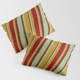 [ Thumbnail: Dark Goldenrod, Dark Red & Dark Sea Green Colored Lined/Striped Pattern Pillow Sham ]