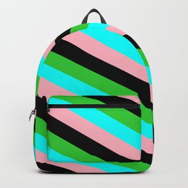 [ Thumbnail: Lime Green, Cyan, Light Pink & Black Colored Striped Pattern Backpack ]