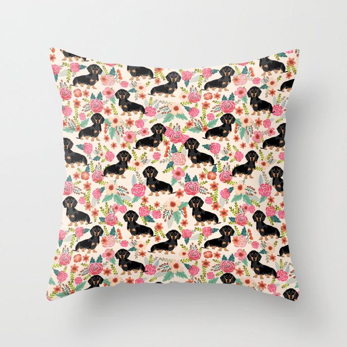 Doxie Florals - vintage doxie and florals gifts for dog lovers, dachshund decor, black and tan doxie Throw Pillow