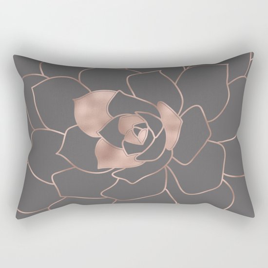 Rosegold blossom on grey - Pink metal-effect flower Rectangular Pillow