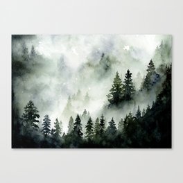 Foggy Mountains No. 2 - Misty Forest Watercolor Art Handpainted Landscape Art Wanderlust Painting Canvas Print