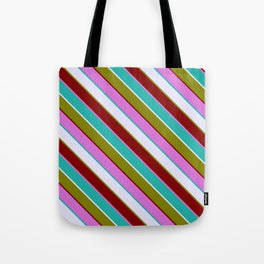 [ Thumbnail: Eyecatching Lavender, Green, Maroon, Orchid & Light Sea Green Colored Pattern of Stripes Tote Bag ]