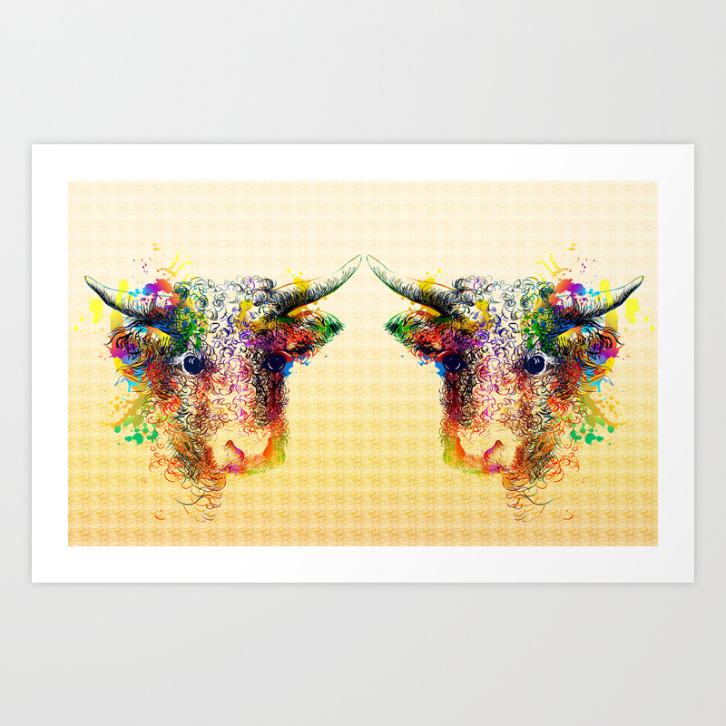 Hand drawn bull, cow, bison, buffalo head face portrait with horns. Colorful painting sketch Art Print by Arija_art | Society6