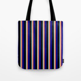 [ Thumbnail: Eye-catching Dark Cyan, Turquoise, Coral, Dark Blue, and Black Colored Striped Pattern Tote Bag ]