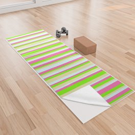 [ Thumbnail: Green, Pale Goldenrod, Light Cyan, and Hot Pink Colored Lined/Striped Pattern Yoga Towel ]