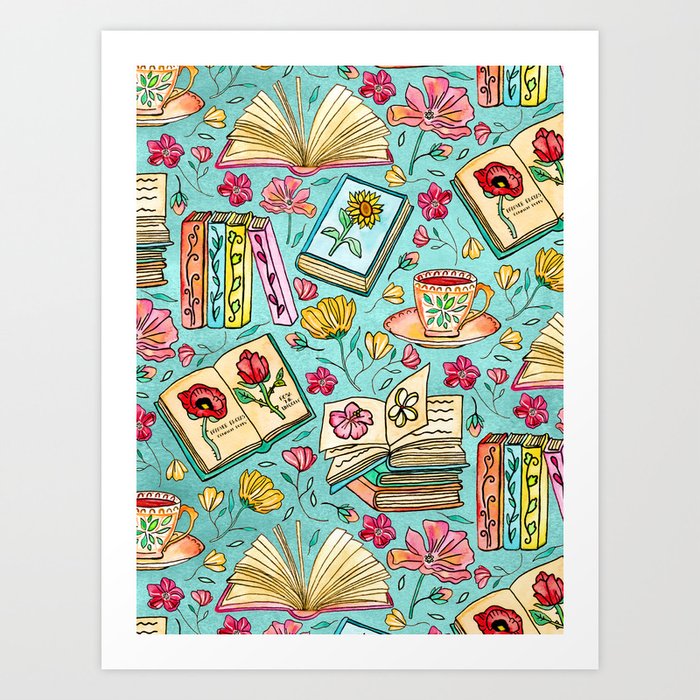 Blooms and Books on Blue Art Print