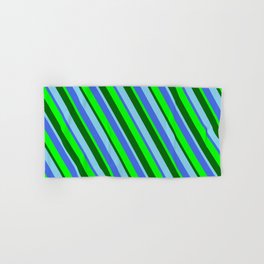 [ Thumbnail: Sky Blue, Royal Blue, Lime & Dark Green Colored Stripes Pattern Hand & Bath Towel ]
