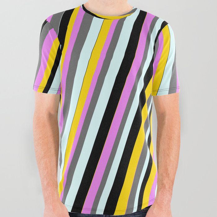 Eye-catching Violet, Dim Grey, Light Cyan, Black & Yellow Colored Lined Pattern All Over Graphic Tee