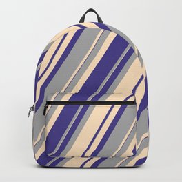 [ Thumbnail: Dark Slate Blue, Dark Grey, and Bisque Colored Pattern of Stripes Backpack ]