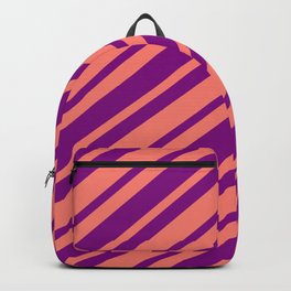 [ Thumbnail: Salmon and Purple Colored Pattern of Stripes Backpack ]