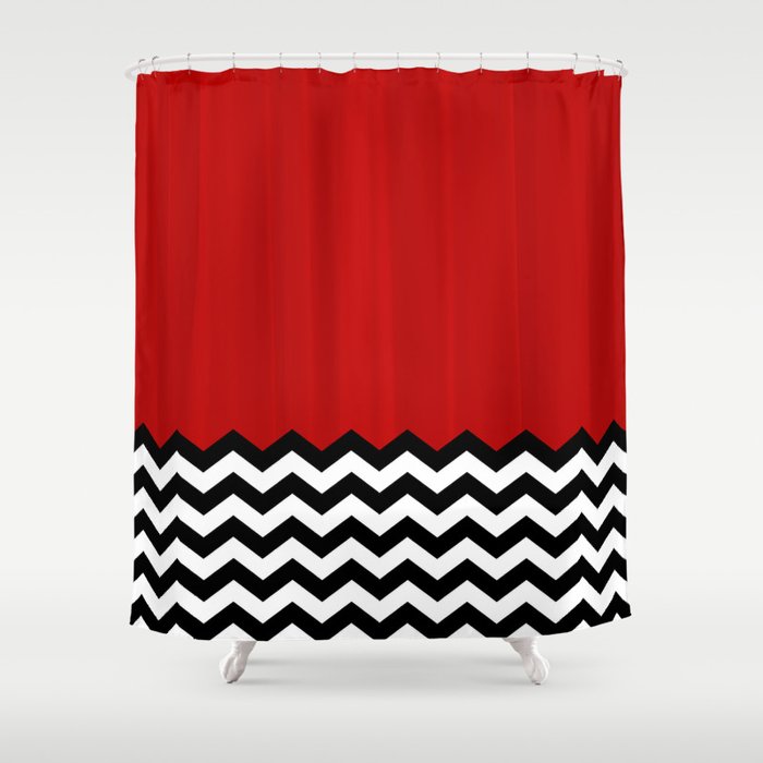 Red Black White Chevron Room w/ Curtains Shower Curtain