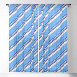 [ Thumbnail: Blue, Midnight Blue, and Beige Colored Striped Pattern Sheer Curtain ]